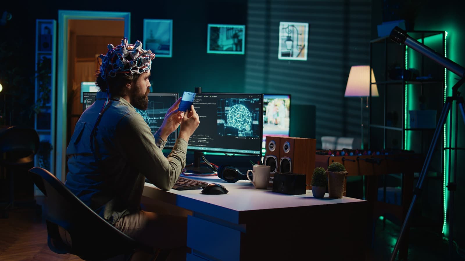 Ingeniero entrenando un modelo neuronal con headset de captura cerebral en un laboratorio iluminado por luces verdes